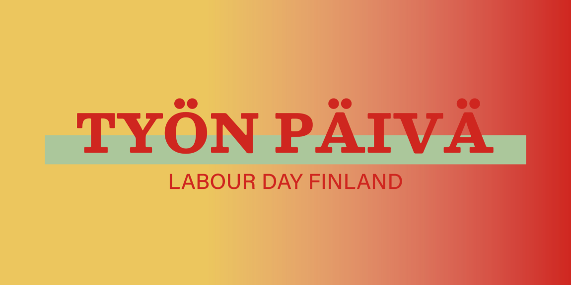 Taustaväreinä keltainen ja punainen liukuväreinä, päällä Työn päivän logo.