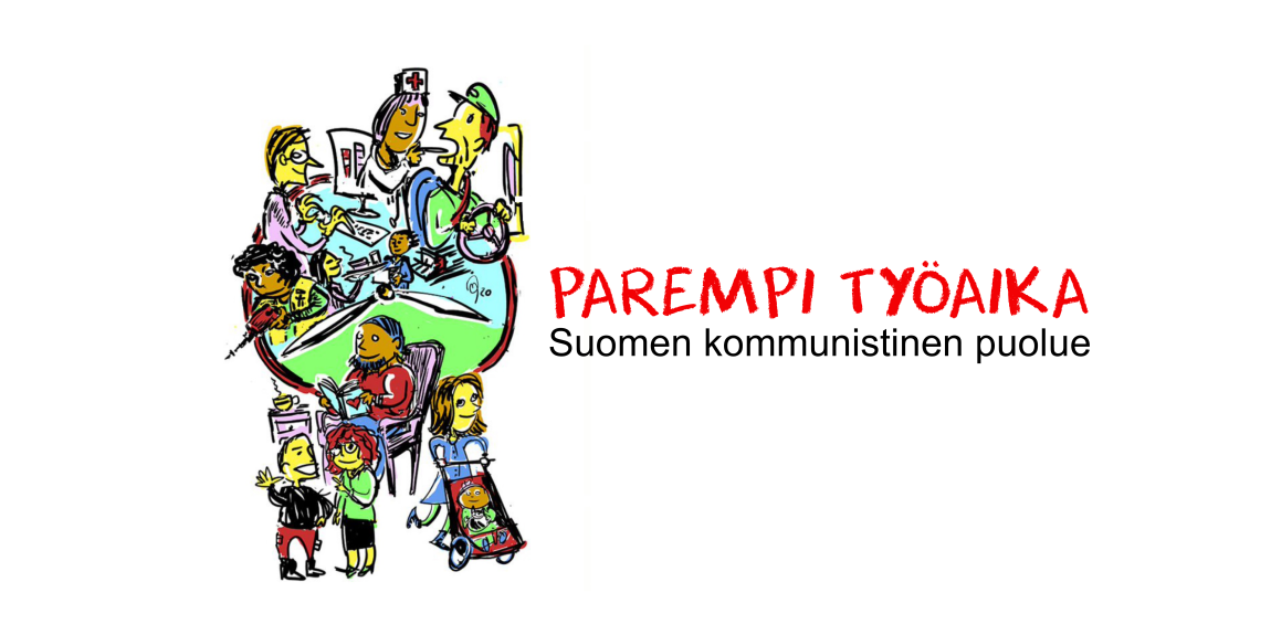 Paremman työajan aloitteen kuvituskuva, jossa piirrettynä eri töitä ja ammattilaisia kellotaulukuvioon, kuvan vieressä tekstit "Parempi työaika - Suomen kommunistinen puolue".