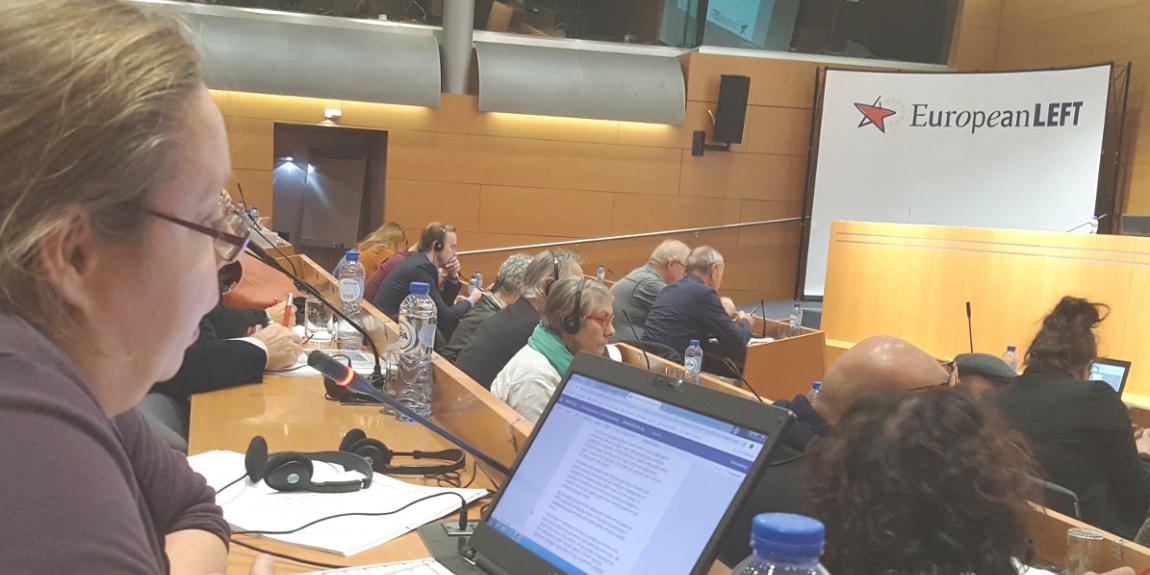 Tiina Sandberg taking floor in General Assembly of European Left.