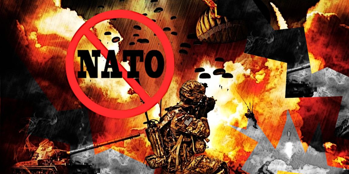 Kuvassa sotilas, räjähdyksiä ja No to Nato-tunnus.