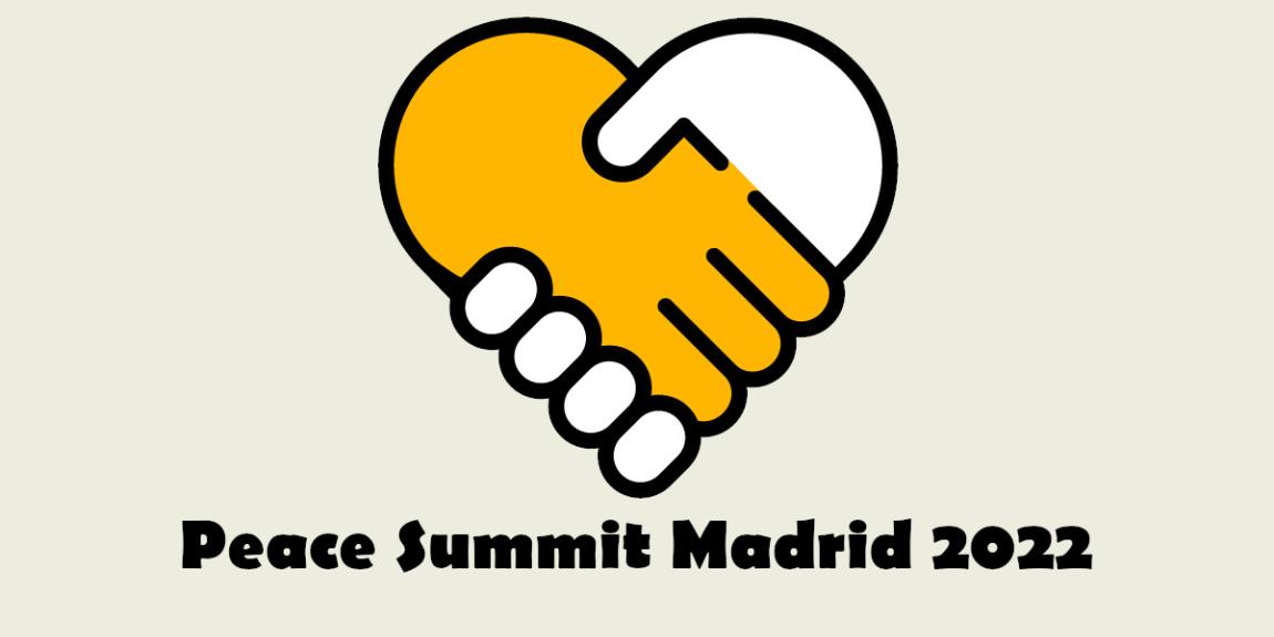 Kuvassa Peace Summit Madrid 2022 logo, sydämen muotoiset kättelevät kädet.