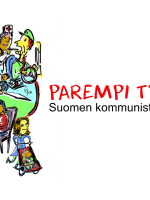 Paremman työajan aloitteen kuvituskuva, jossa piirrettynä eri töitä ja ammattilaisia kellotaulukuvioon, kuvan vieressä tekstit "Parempi työaika - Suomen kommunistinen puolue".