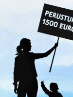 Kuvassa naisen siluetti pitää kädessään kylttiä, jossa lukee Prusturva 1500 euroa. 