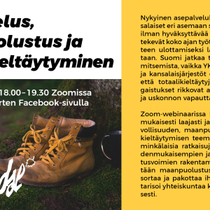 Bannerikuvassa kuva kengistä ja kahvikupista metsässä sekä 'Asepalvelus, maanpuolustus ja aseistakieltäytyminen' -webinaarin tietoja.