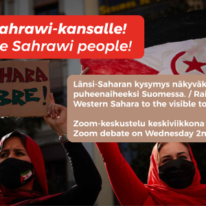 Oikeutta sahrawi-kansalle! -webinaarin banneri.