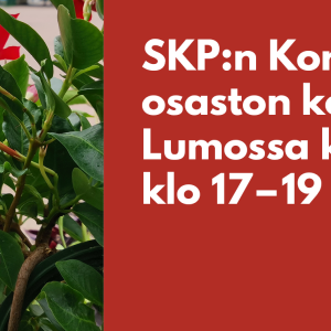 Vasemmalla puolella kuvituskuvassa punaisia kukkia ja oikealla puolella punaisella taustalla teksti 'SKP:n Korson osaston kokous Lumossa ke 27.10. klo 17-19".