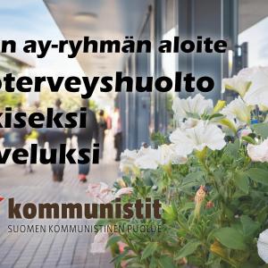 Kuvituskuvassa kukkia terveysaseman sisäänkäynnin edessä, taustalla ihmisiä kävelemässä, kuvan päällä teksti "SKP:n ay-ryhmän aloite - Työterveyshuolto julkiseksi palveluksi", alhaalla SKP:n logo.