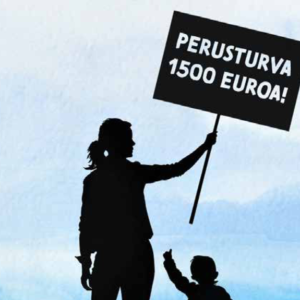 Kuvassa naisen siluetti pitää kädessään kylttiä, jossa lukee Prusturva 1500 euroa. 