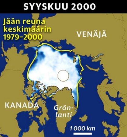 Kuva 1. Valkoisena näkyvä Pohjoisen jäämeren jääpeite oli kesän lopulla vuonna 2012 enää vain pieni osa siitä mitä se on ollut aikaisemmin.lmastonmuutoksen aiheuttama Pohjoisen jäämeren jääpeitteen pienentyminen (kuva 1) on muuttanut napapiirin pohjoispuolella olevien meri- ja maa-alueiden merkitystä ja kiinnostavuutta.