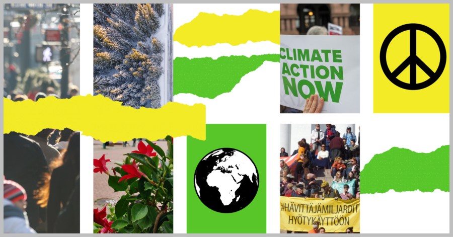 Kuvakollaasi ympäristöön ja rauhaan liittyvistä kuvista.