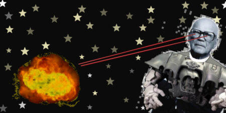 Kuvassa teknohaarniskaan pukeutunut android-Kekkonen räjäyttää jotain laserilla.