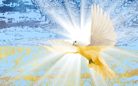 Kyyhky lentää Ukrainan lipun edessä.