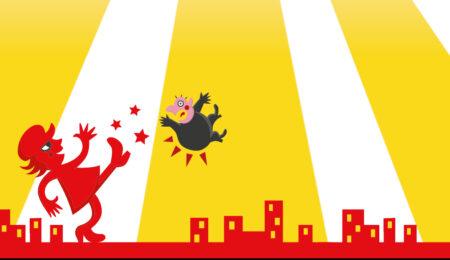 Työläisnainen potkaisee porvaria persuksille.