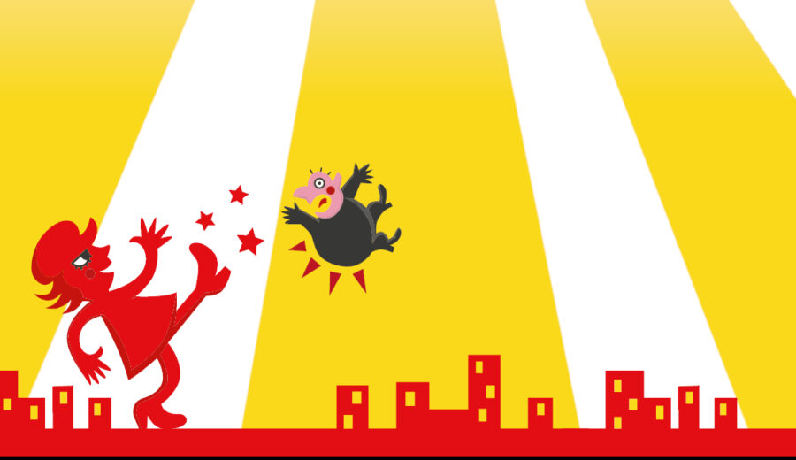 Työläisnainen potkaisee porvaria persuksille.