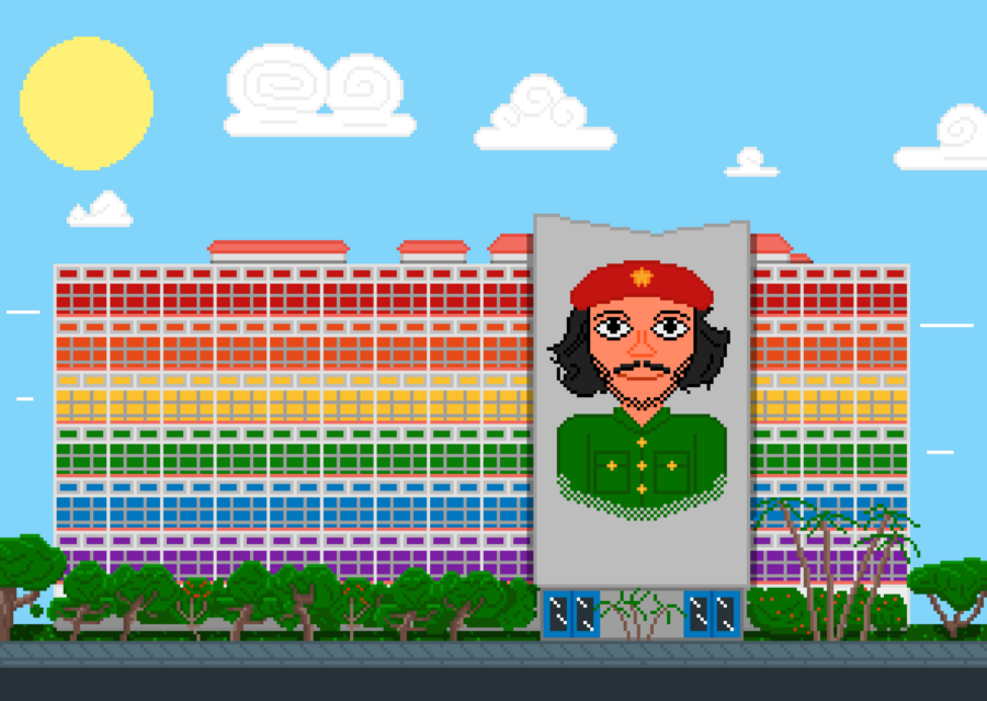 Pikselitaidekuvassa kirkkaalla säällä näkyy aurinko ja esitettynä sateenkaaren väreissä oleva kerrostalo