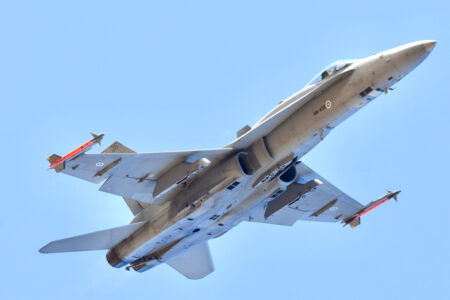 Hornet hävittäjä lentää ilmassa.