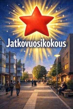 Pystysuuntainen kuvituskuva kaupunkimaisesta kävelykadusta, joka muistuttaa Malmin Kaupparaittia Helsingissä. Illan hämärässä katuvalot valaisevat jalankulkijoita ja puita rakennusten välissä. Yläpuolella loistaa suuri punainen tähti, josta säteilee valoa kadulle. Kuvan keskellä on iso valkoinen teksti ”Jatkovuosikokous”. Rakennusten julkisivuissa ei näy nimiä tai kylttejä.