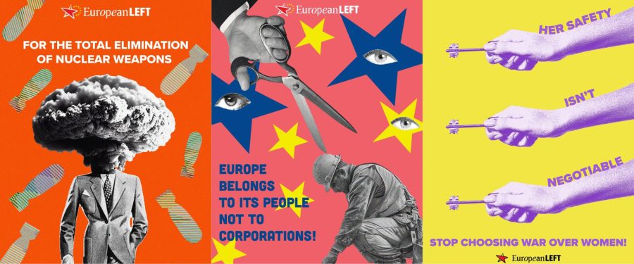 Euroopan vasemmiston kolmesta erilaisesta visuaalisesta somekuvasta muodostettu bannerikollaasi.