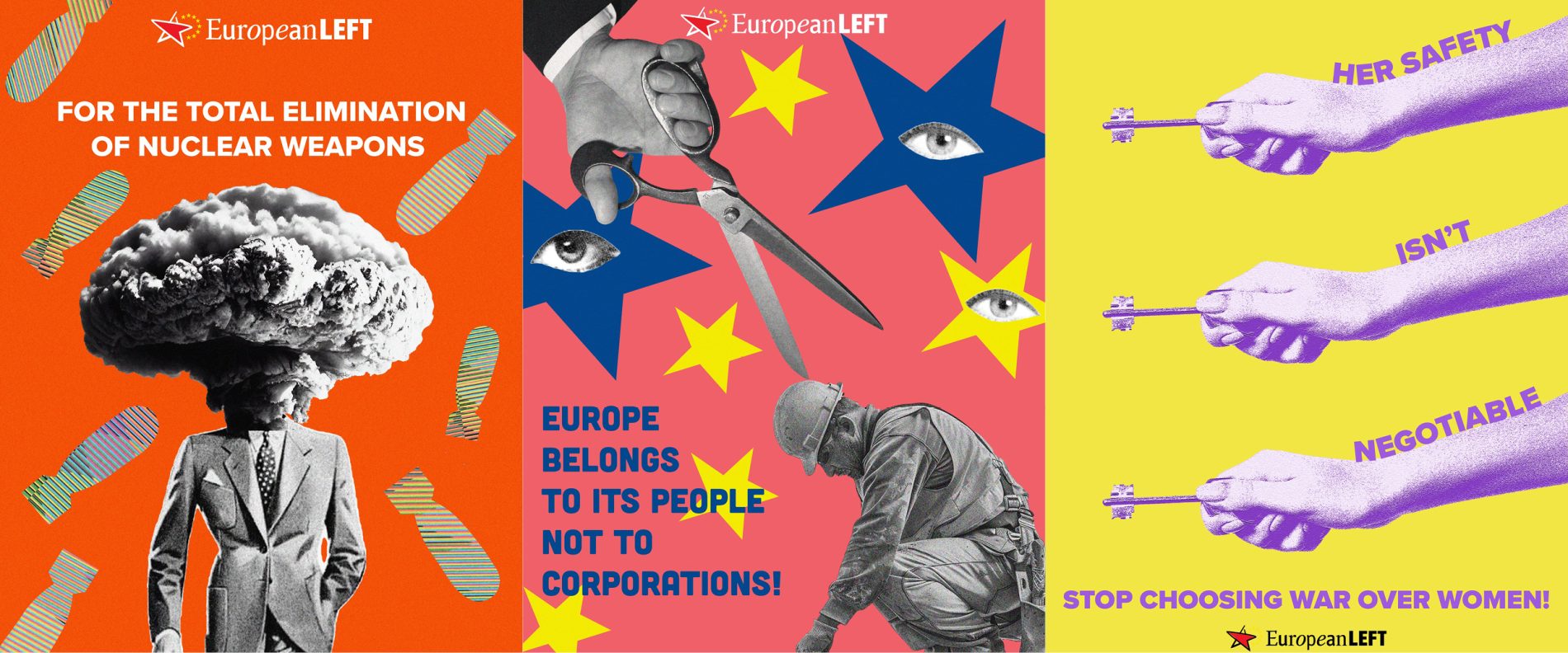 Euroopan vasemmiston kolmesta erilaisesta visuaalisesta somekuvasta muodostettu bannerikollaasi.