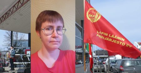 Kollaasissa kuva Kemin vapputapahtumasta, jossa näkyy liehuva SKP:n Lapin piirin lippu ja Inari Porkka kauempana puhumassa sekä selfiekuva Inari Porkasta.